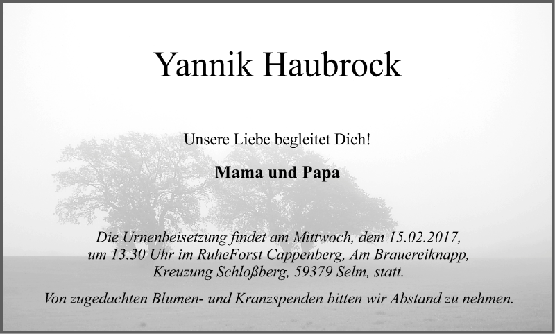  Traueranzeige für Yannik Haubrock vom 11.02.2017 aus Ruhr Nachrichten
