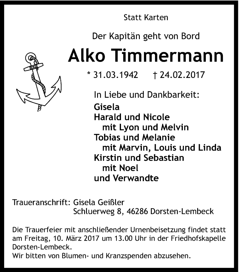  Traueranzeige für Alko Timmermann vom 07.03.2017 aus Ruhr Nachrichten und Dorstener Zeitung