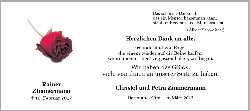  Traueranzeige für Rainer Zimmermann vom 18.03.2017 aus Ruhr Nachrichten