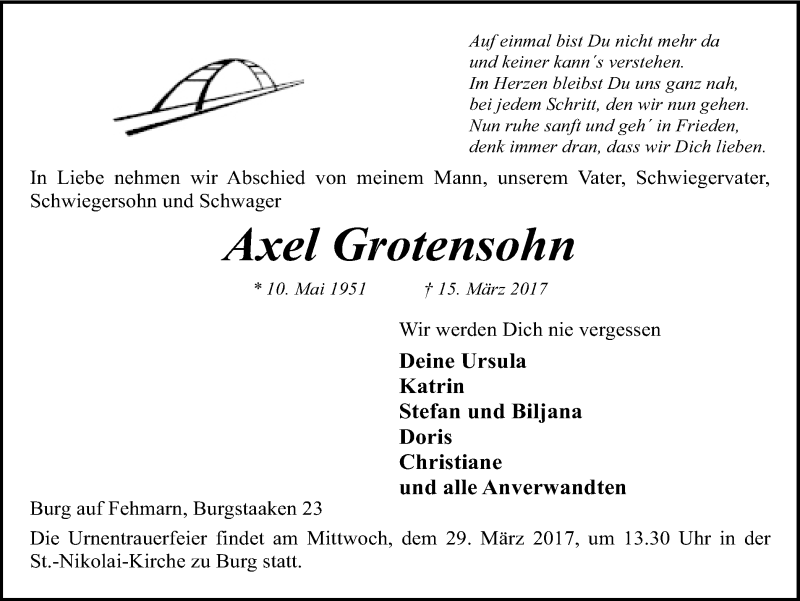  Traueranzeige für Axel Grotensohn vom 22.03.2017 aus Ruhr Nachrichten