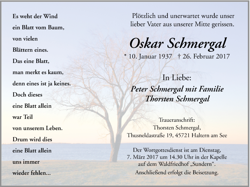  Traueranzeige für Oskar Schmergal vom 03.03.2017 aus Ruhr Nachrichten und Halterner Zeitung