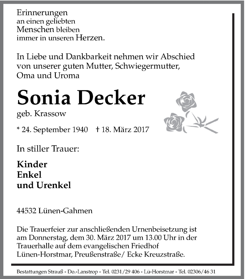  Traueranzeige für Sonia Decker vom 25.03.2017 aus Ruhr Nachrichten
