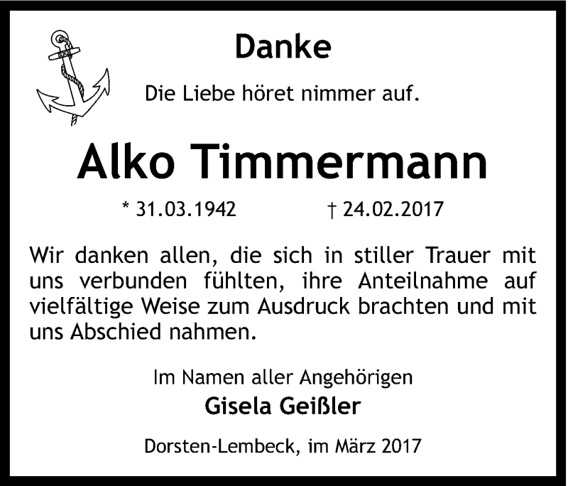  Traueranzeige für Alko Timmermann vom 31.03.2017 aus Ruhr Nachrichten und Dorstener Zeitung