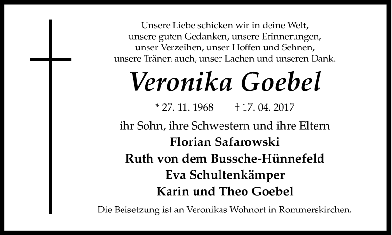  Traueranzeige für Veronika Goebel vom 22.04.2017 aus Ruhr Nachrichten