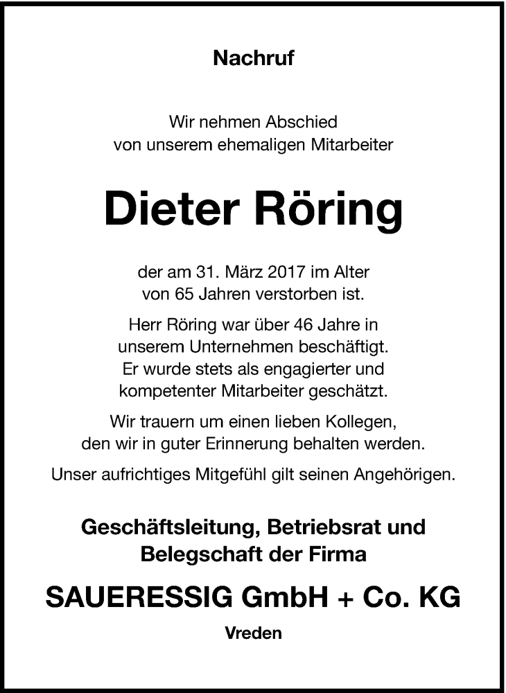  Traueranzeige für Dieter Röring vom 07.04.2017 aus Münstersche Zeitung und Münsterland Zeitung
