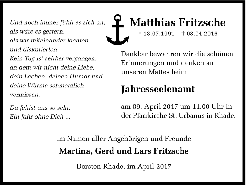  Traueranzeige für Matthias Fritzsche vom 05.04.2017 aus Ruhr Nachrichten und Dorstener Zeitung