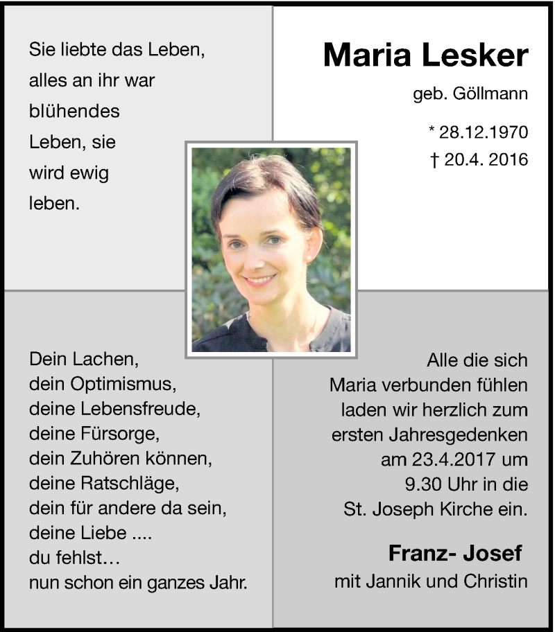  Traueranzeige für Maria Lesker vom 20.04.2017 aus Münstersche Zeitung und Münsterland Zeitung