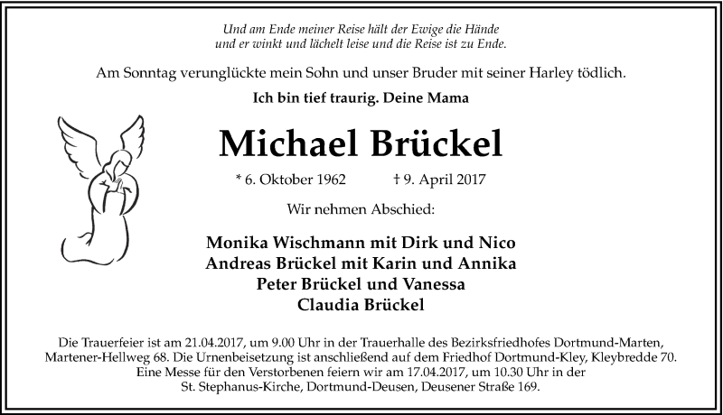  Traueranzeige für Michael Brückel vom 15.04.2017 aus Ruhr Nachrichten
