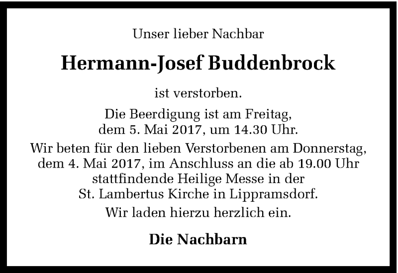  Traueranzeige für Hermann-Josef Buddenbrock vom 03.05.2017 aus Ruhr Nachrichten und Halterner Zeitung