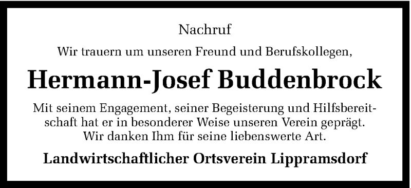  Traueranzeige für Hermann-Josef Buddenbrock vom 03.05.2017 aus Ruhr Nachrichten und Halterner Zeitung