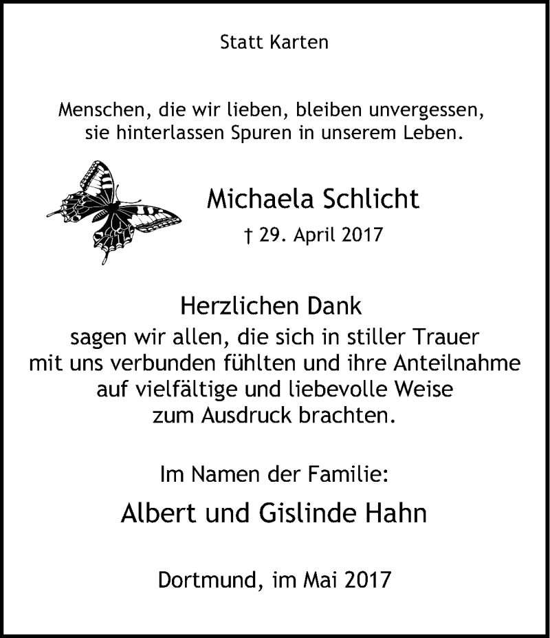  Traueranzeige für Michaela Schlicht vom 27.05.2017 aus Ruhr Nachrichten