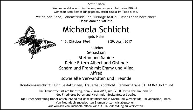  Traueranzeige für Michaela Schlicht vom 04.05.2017 aus Ruhr Nachrichten