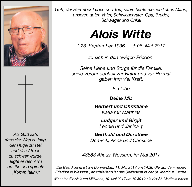  Traueranzeige für Alois Witte vom 09.05.2017 aus Münstersche Zeitung und Münsterland Zeitung