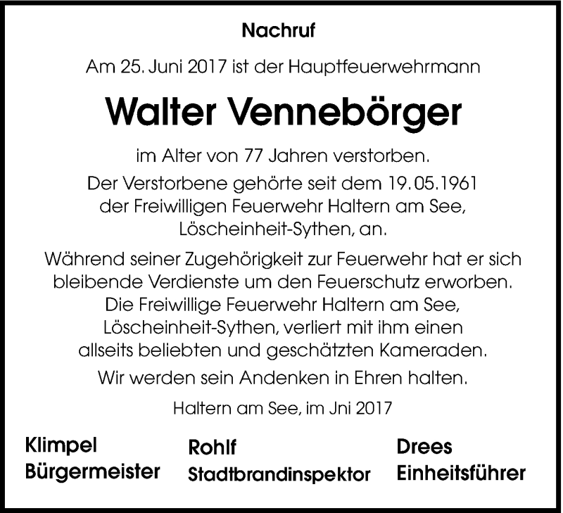  Traueranzeige für Walter Vennebörger vom 29.06.2017 aus Ruhr Nachrichten und Halterner Zeitung