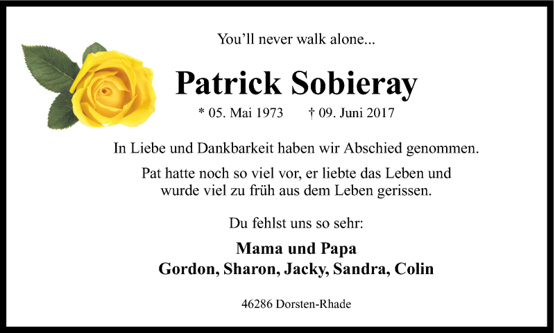  Traueranzeige für Patrick Sobieray vom 30.06.2017 aus Ruhr Nachrichten und Dorstener Zeitung