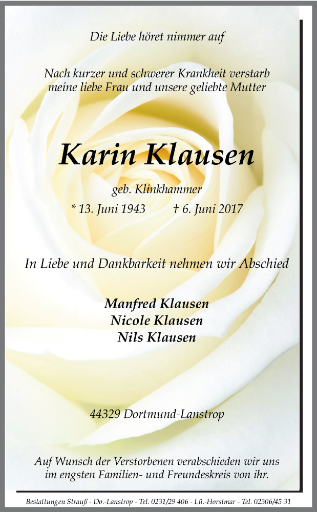 Traueranzeige für Karin Klausen vom 10.06.2017 aus Ruhr Nachrichten