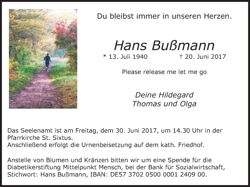  Traueranzeige für Hans Bußmann vom 24.06.2017 aus Ruhr Nachrichten und Halterner Zeitung
