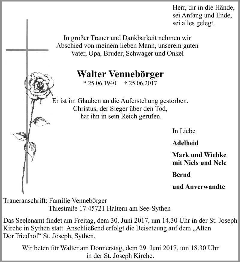  Traueranzeige für Walter Vennebörger vom 28.06.2017 aus Ruhr Nachrichten und Halterner Zeitung