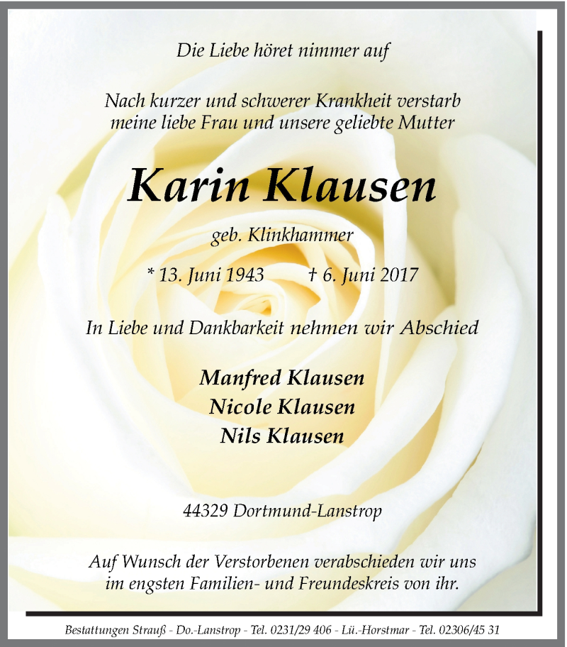  Traueranzeige für Karin Klausen vom 10.06.2017 aus Ruhr Nachrichten