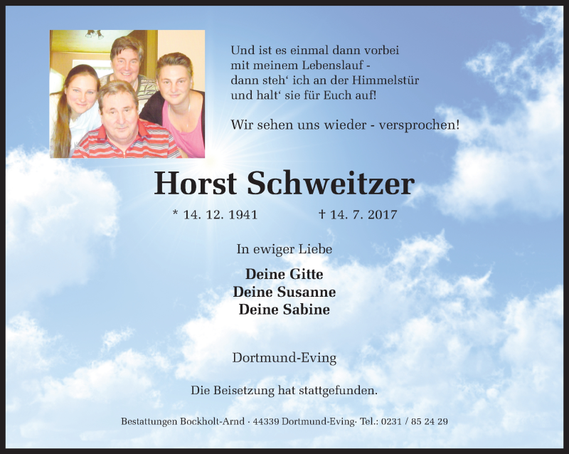  Traueranzeige für Horst Schweitzer vom 22.07.2017 aus Ruhr Nachrichten