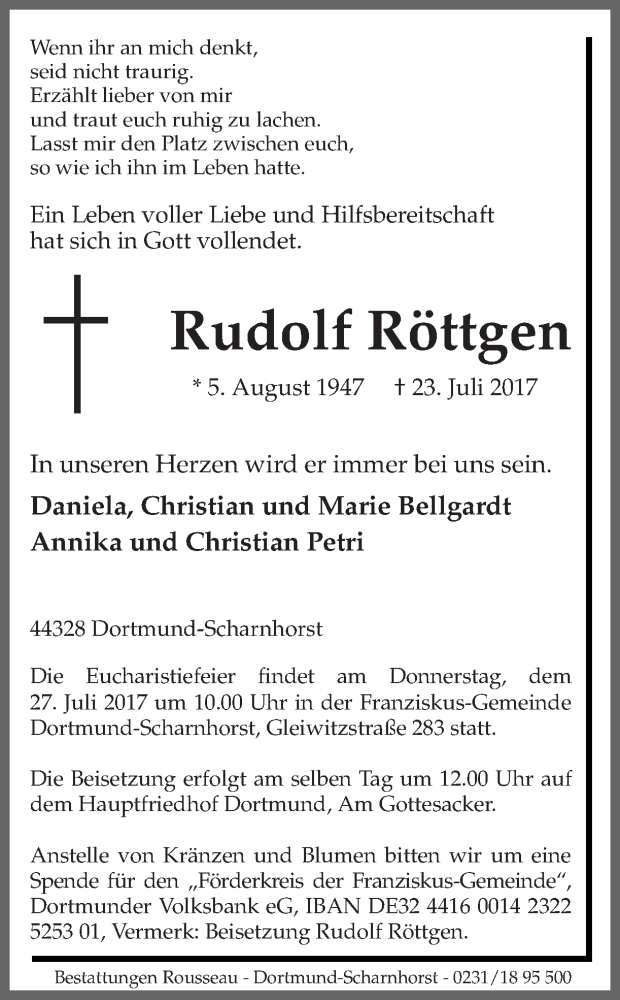  Traueranzeige für Rudolf Röttgen vom 25.07.2017 aus Ruhr Nachrichten