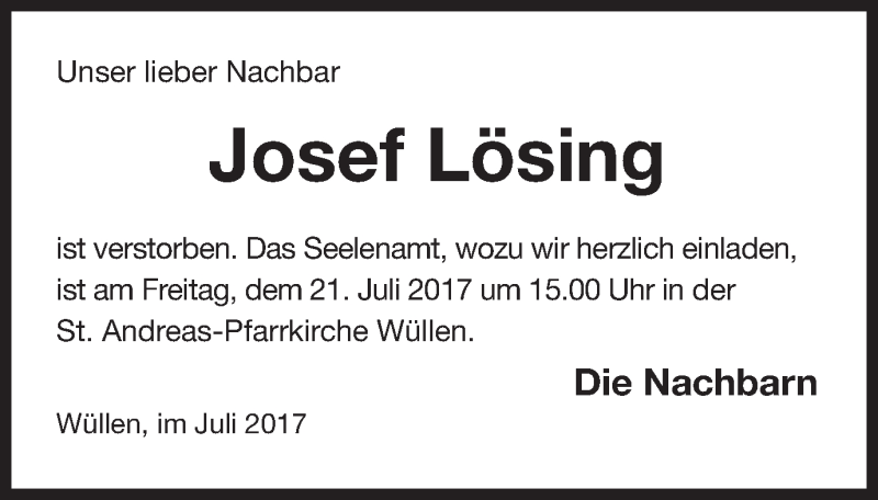  Traueranzeige für Josef Lösing vom 19.07.2017 aus Münstersche Zeitung und Münsterland Zeitung