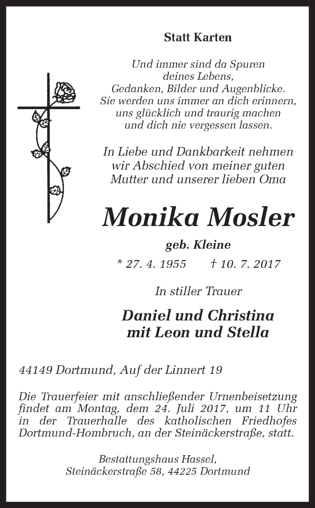  Traueranzeige für Monika Mosler vom 19.07.2017 aus Ruhr Nachrichten