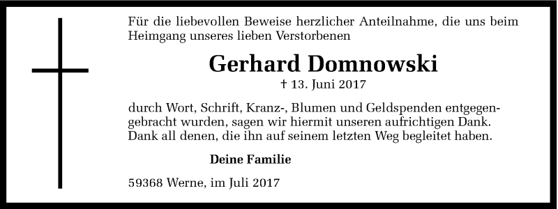  Traueranzeige für Gerhard Domnowski vom 01.07.2017 aus Ruhr Nachrichten