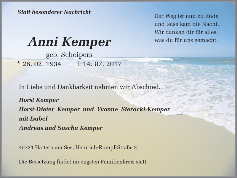  Traueranzeige für Anni Kemper vom 15.07.2017 aus Ruhr Nachrichten und Halterner Zeitung