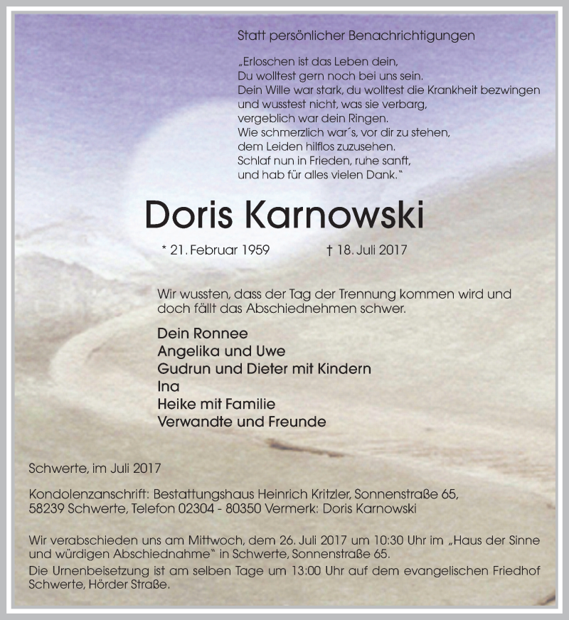  Traueranzeige für Doris Karnowski vom 22.07.2017 aus Ruhr Nachrichten