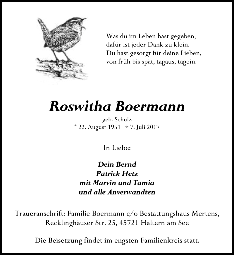  Traueranzeige für Roswitha Boermann vom 10.07.2017 aus Ruhr Nachrichten und Halterner Zeitung
