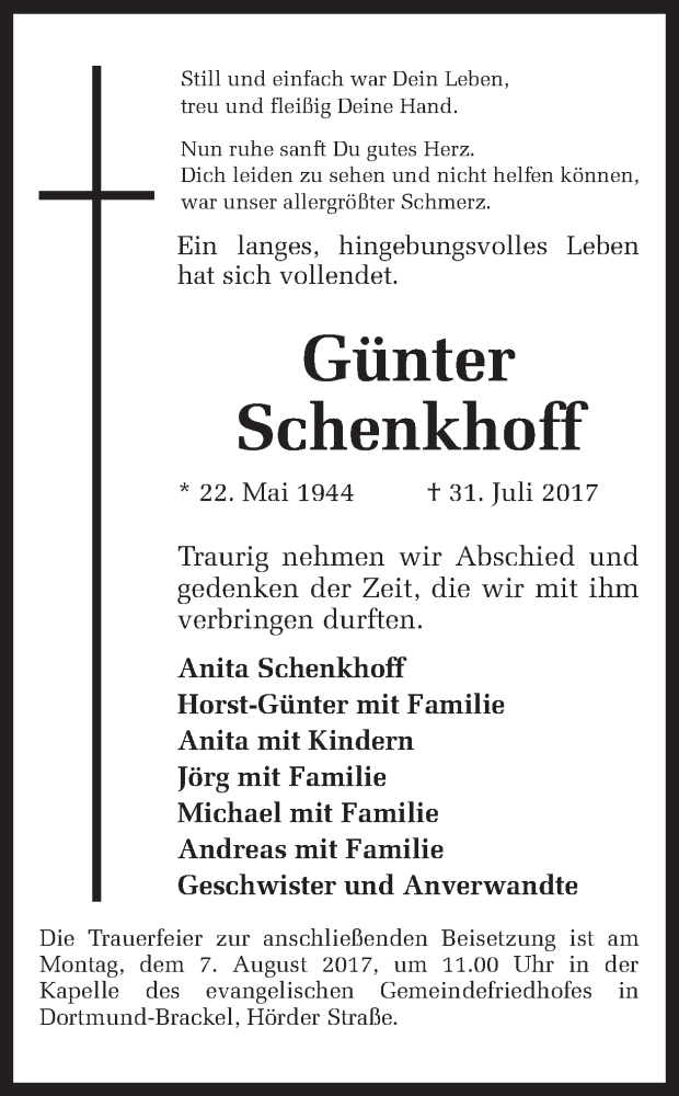  Traueranzeige für Günter Schenkhoff vom 05.08.2017 aus Ruhr Nachrichten