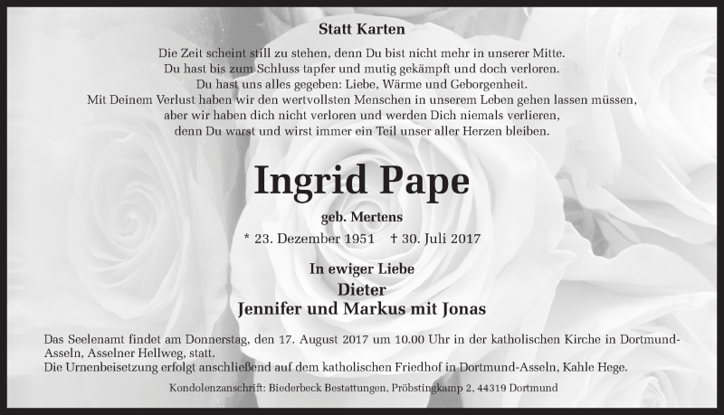  Traueranzeige für Ingrid Pape vom 05.08.2017 aus Ruhr Nachrichten
