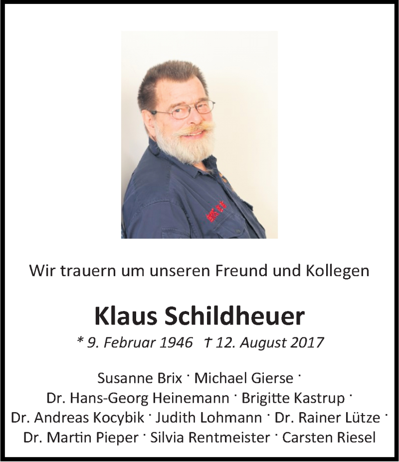  Traueranzeige für Klaus Schildheuer vom 19.08.2017 aus Ruhr Nachrichten