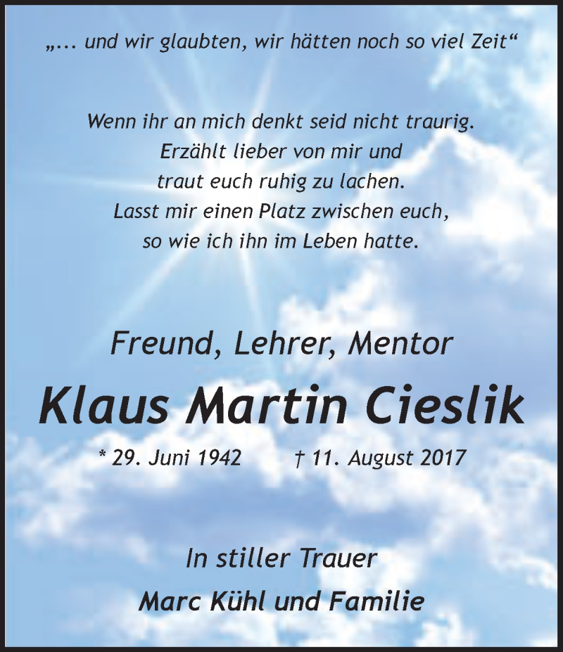  Traueranzeige für Klaus Martin Ciesilk vom 17.08.2017 aus Ruhr Nachrichten