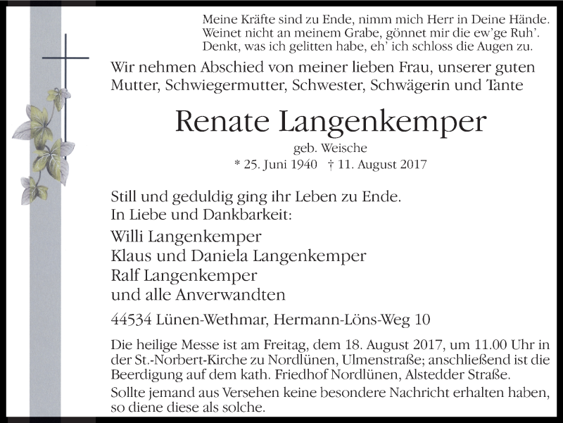  Traueranzeige für Renate Langenkemper vom 15.08.2017 aus Ruhr Nachrichten