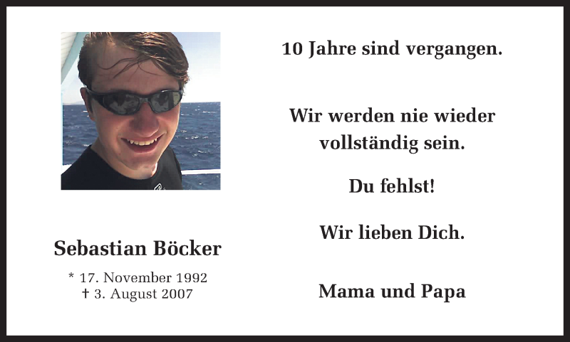  Traueranzeige für Sebastian Böcker vom 03.08.2017 aus Ruhr Nachrichten