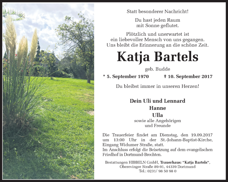  Traueranzeige für Katja Bartels vom 14.09.2017 aus Ruhr Nachrichten