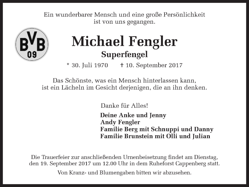  Traueranzeige für Michael Fengler vom 16.09.2017 aus Ruhr Nachrichten