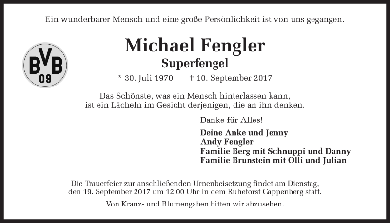  Traueranzeige für Michael Fengler vom 16.09.2017 aus Ruhr Nachrichten