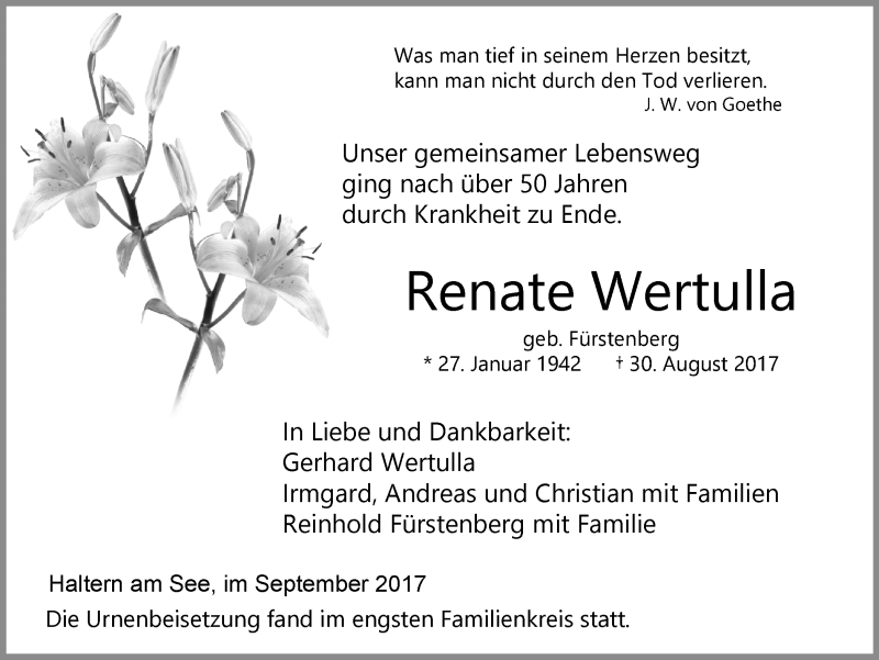  Traueranzeige für Renate Wertulla vom 13.09.2017 aus Ruhr Nachrichten und Halterner Zeitung