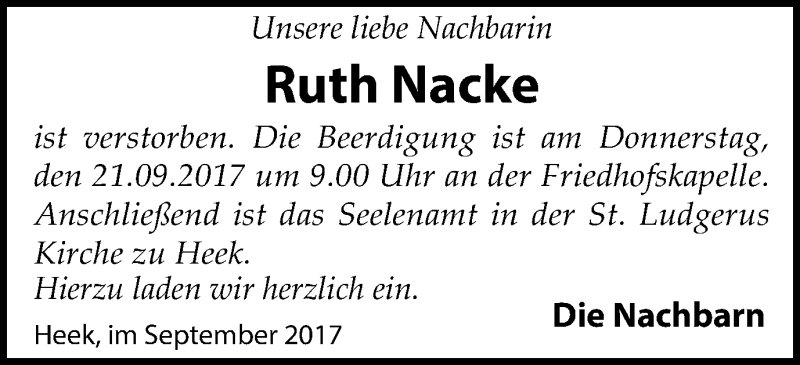  Traueranzeige für Ruth Nacke vom 20.09.2017 aus Münstersche Zeitung und Münsterland Zeitung
