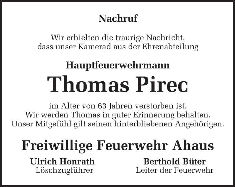  Traueranzeige für Thomas Pirec vom 26.09.2017 aus Münstersche Zeitung und Münsterland Zeitung