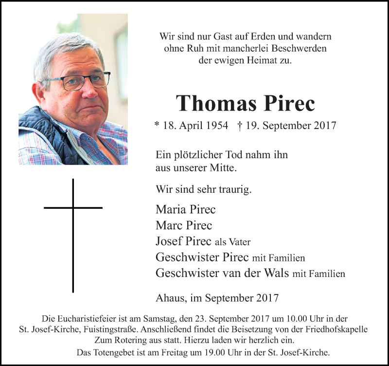  Traueranzeige für Thomas Pirec vom 21.09.2017 aus Münstersche Zeitung und Münsterland Zeitung