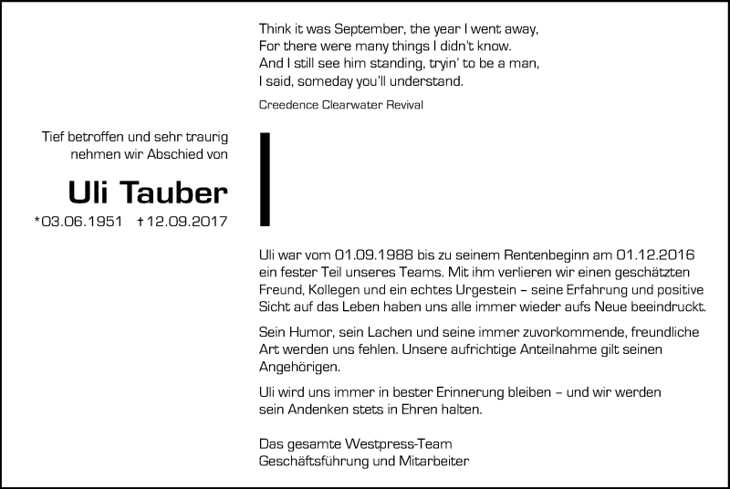  Traueranzeige für Uli Tauber vom 21.09.2017 aus Ruhr Nachrichten