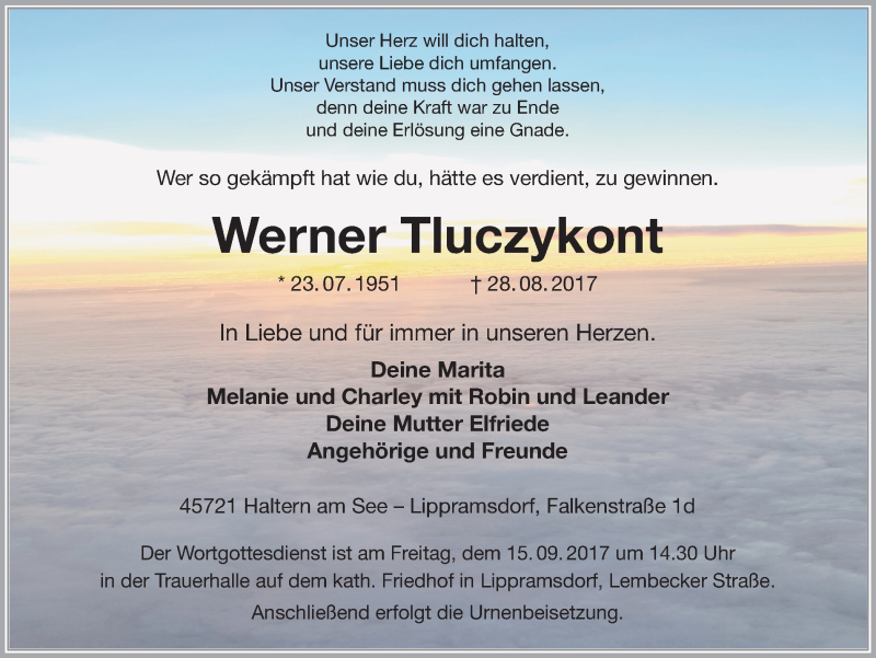  Traueranzeige für Werner Tluczykont vom 01.09.2017 aus Ruhr Nachrichten und Halterner Zeitung