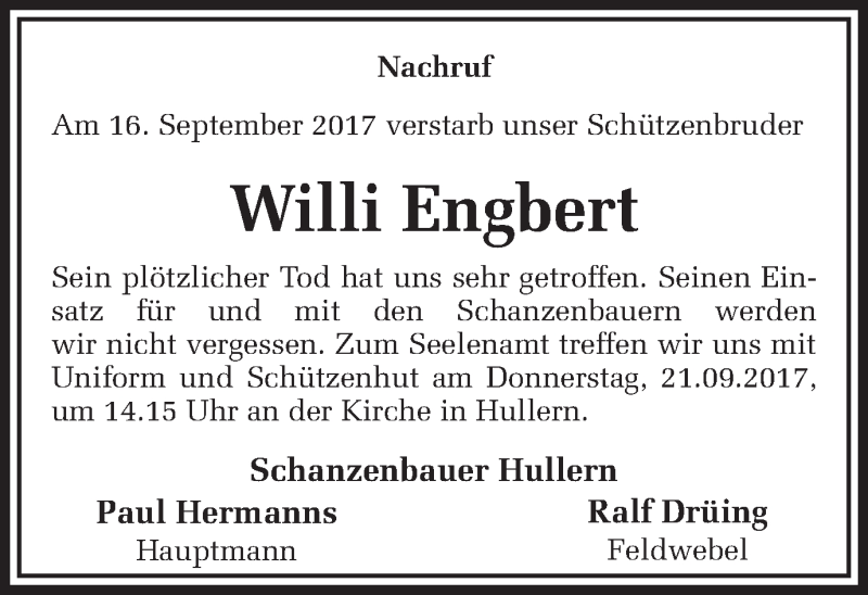  Traueranzeige für Wilhelm Engbert vom 20.09.2017 aus Ruhr Nachrichten und Halterner Zeitung