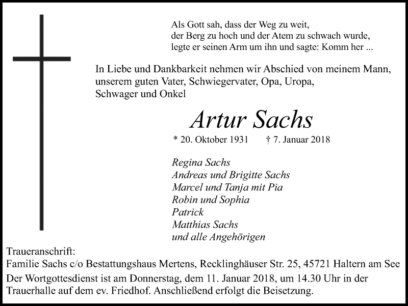  Traueranzeige für Artur Sachs vom 09.01.2018 aus Ruhr Nachrichten und Halterner Zeitung