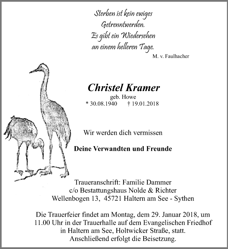  Traueranzeige für Christel Kramer vom 24.01.2018 aus Ruhr Nachrichten und Halterner Zeitung