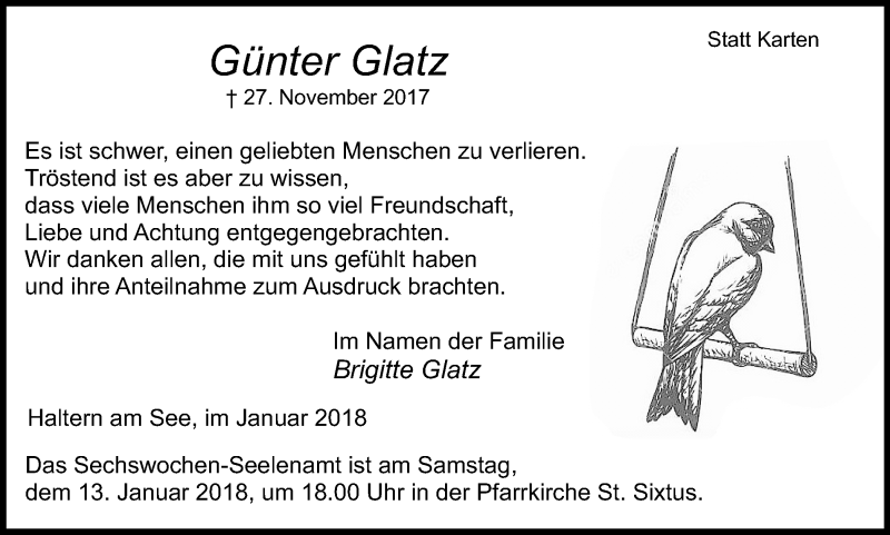  Traueranzeige für Günter Glatz vom 10.01.2018 aus Ruhr Nachrichten und Halterner Zeitung